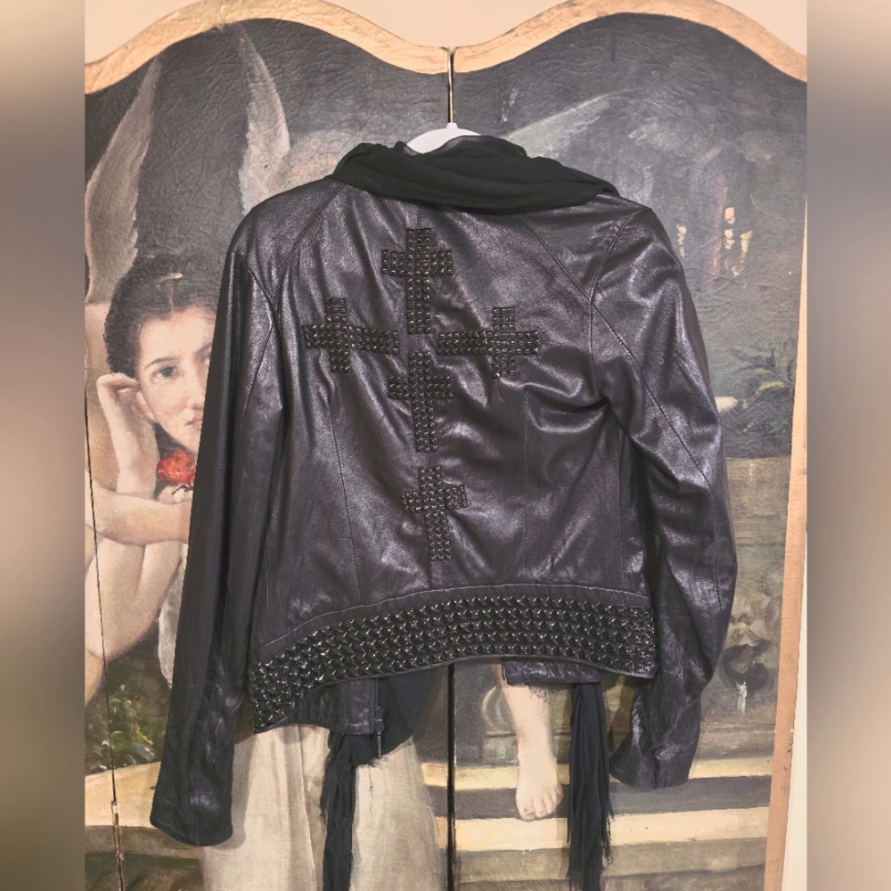 Jaded By Knight Black On Black Studded Crosses Black Leather Jacket Goth Rock